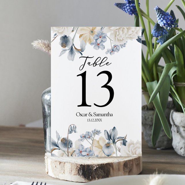 Numéro De Table Fleurs Bleues Et Blancs D'Hiver Élégantes (Créateur téléchargé)