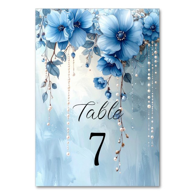 Numéro de table Fleurs bleues et perles (Par défaut)