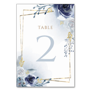 Numéro De Table fleurs bleues fausse feuille d'or Baptême