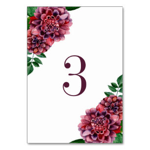 Numéro De Table Fleurs bordeaux aquarelle. Mariage dahlias