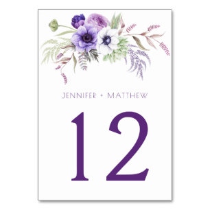 Numéro De Table Fleurs d'aquarelle blanche violette Lavande  