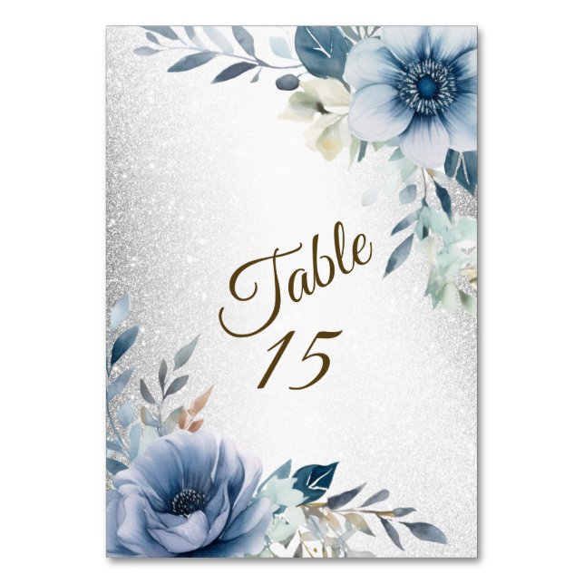 Numéro De Table Fleurs d'Aquarelle bleu Dusty Silver Elégant (Par défaut)