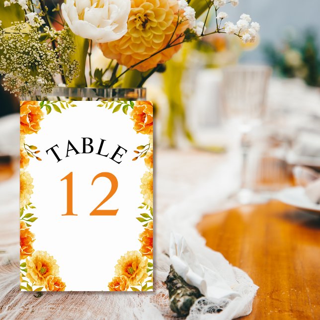 Numéro De Table Fleurs d'aquarelle orange et mariage feuille (Créateur téléchargé)