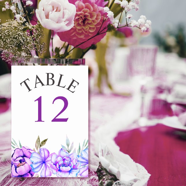 Numéro De Table Fleurs d'aquarelle violet bleu mariage (Créateur téléchargé)