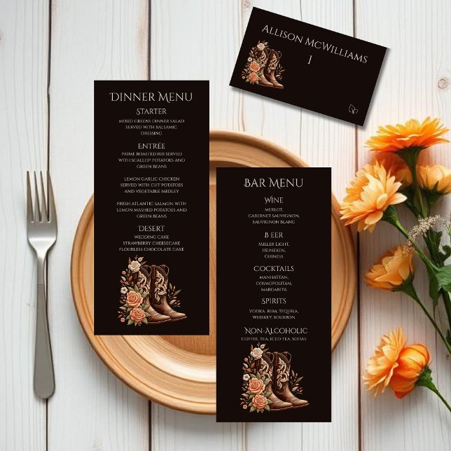 Numéro De Table Fleurs de l'Ouest du pays avec bottes de cowboy (Country Western-Flowers with Cowboy Boots-Wedding Place Cards with Meal Icons)
