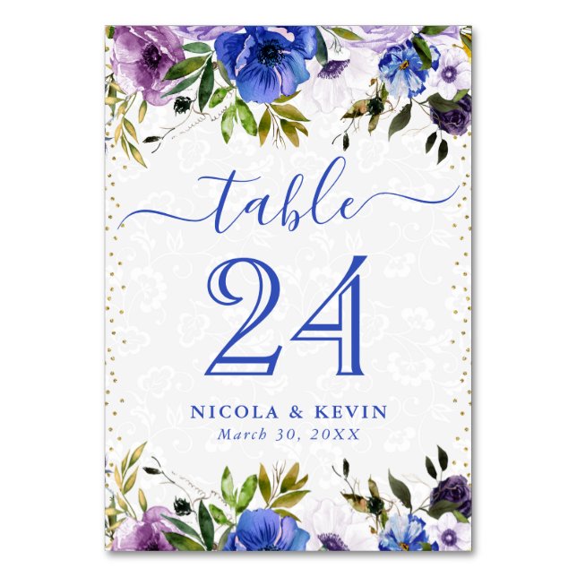 Numéro De Table Fleurs de mariage à l'aquarelle violettes et bleue (Par défaut)