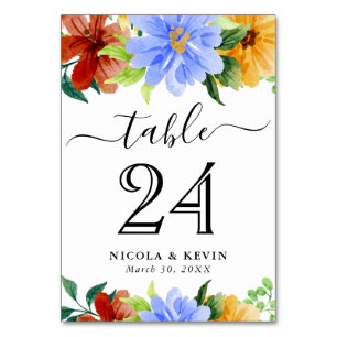 Numéro De Table Fleurs de mariage rouges, jaunes et bleues