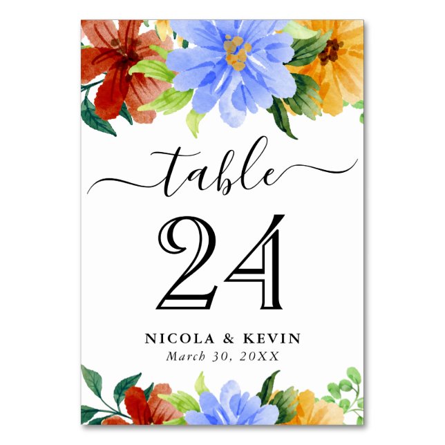 Numéro De Table Fleurs de mariage rouges, jaunes et bleues (Par défaut)