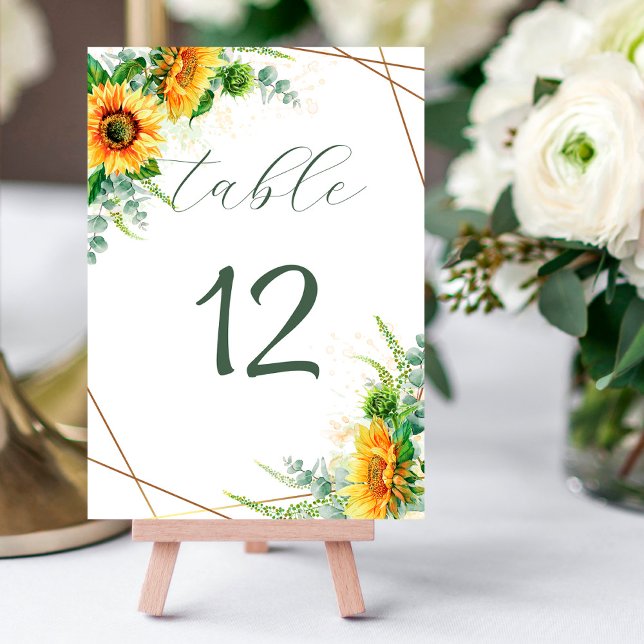 Numéro De Table Fleurs de soleil aquarelle avec cadre Faux Gold Fo (Créateur téléchargé)