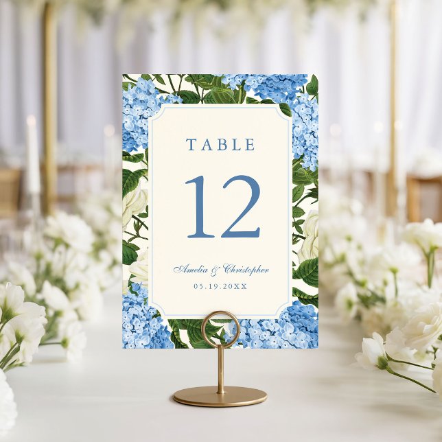 Numéro De Table Fleurs d'Hydrangea Bleues & Mariage de Jardin de R (elegant wedding table number cards with vintage hydrangea and white rose illustrations)
