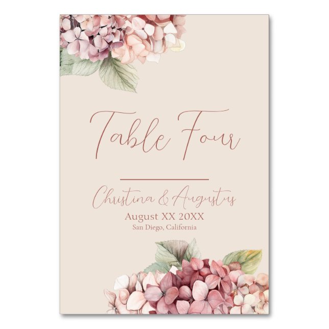 Numéro De Table Fleurs d'hydrangea roses et blush romantiques (Par défaut)