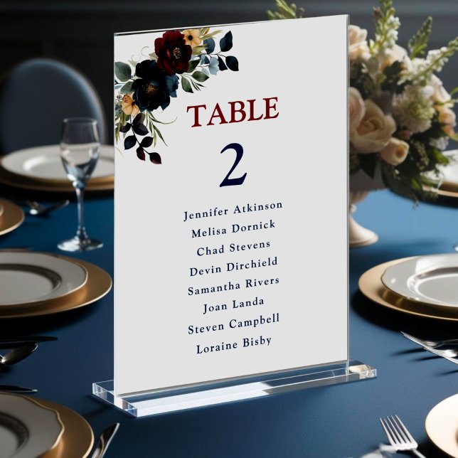 Numéro De Table Fleurs élégantes bleu marine bordeaux pour plan de (Créateur téléchargé)