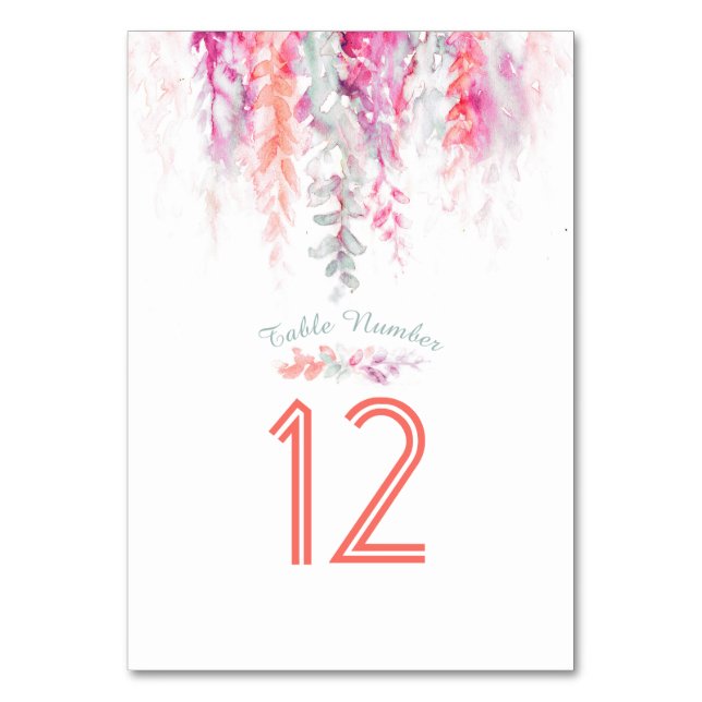 Numéro De Table Fleurs en cascade corail rose vert aquarelle (Dos)