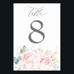 Numéro De Table Fleurs roses et verdure or Mariage élégant<br><div class="desc">Cartes de numéro de table unique à mariage floral rose onirique</div>