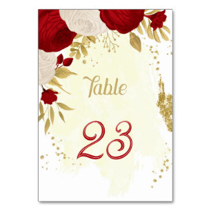 Numéro De Table fleurs rouges et blanches or mariage
