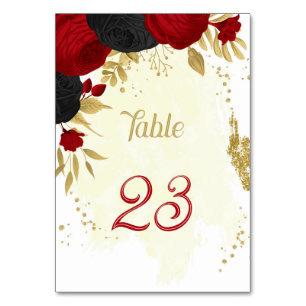 Numéro De Table fleurs rouges et noires or mariage
