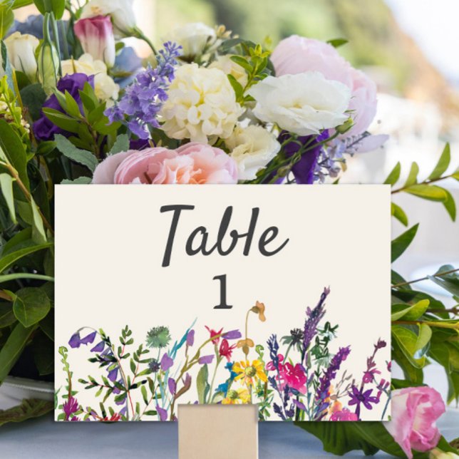 Numéro De Table Fleurs sauvages aquarelle mariage crème violet (Watercolor wildflowers wedding reception table number)