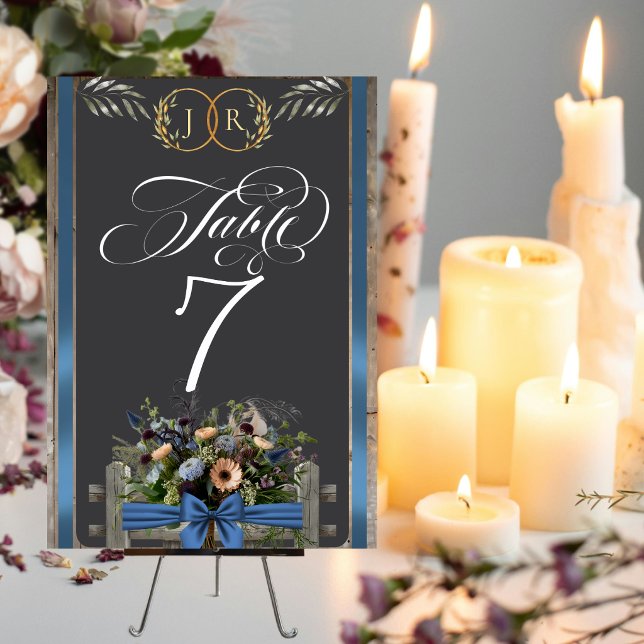 Numéro De Table Fleurs sauvages, ruban et monogramme - Bleu (Créateur téléchargé)