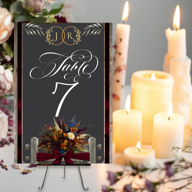 Numéro De Table Fleurs sauvages, ruban et monogramme - Bourgogne (Créateur téléchargé)