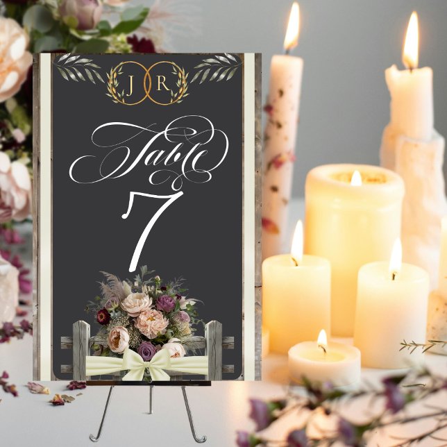 Numéro De Table Fleurs sauvages, ruban et monogramme - Crème (Créateur téléchargé)