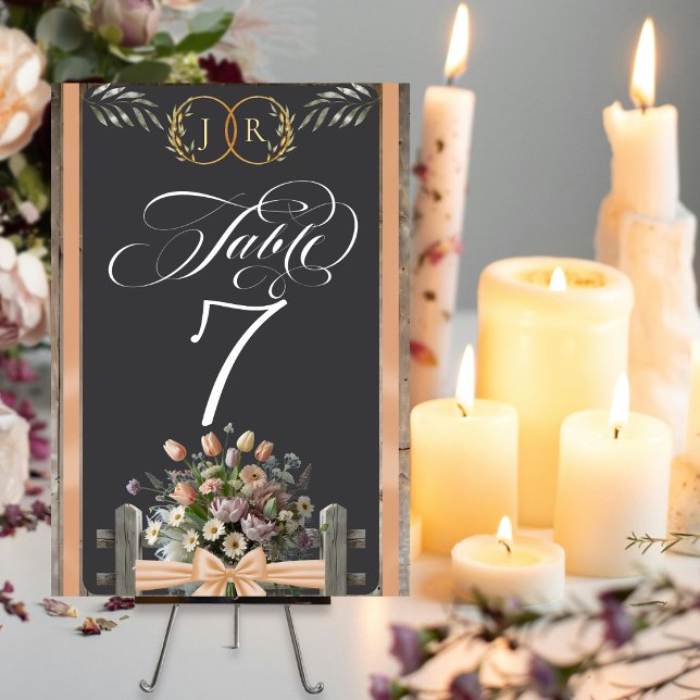 Numéro De Table Fleurs sauvages, ruban et monogramme - pêche (Créateur téléchargé)