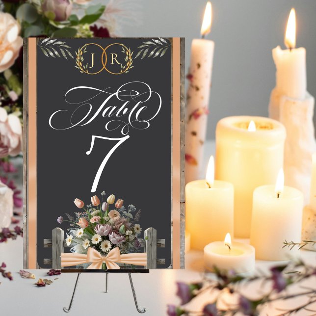 Numéro De Table Fleurs sauvages, ruban et monogramme - pêche (Créateur téléchargé)