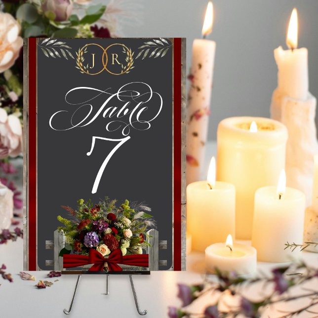 Numéro De Table Fleurs sauvages, ruban et monogramme - Rouge (Créateur téléchargé)