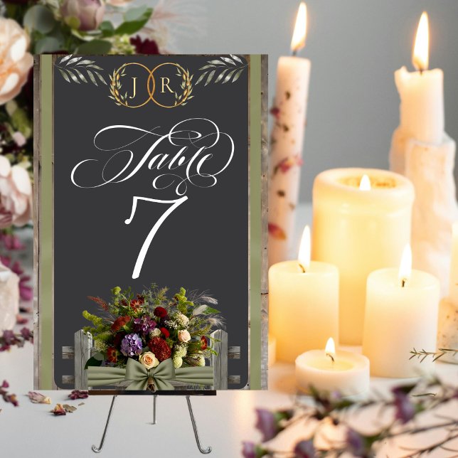 Numéro De Table Fleurs sauvages, ruban et monogramme - Sauge (Créateur téléchargé)