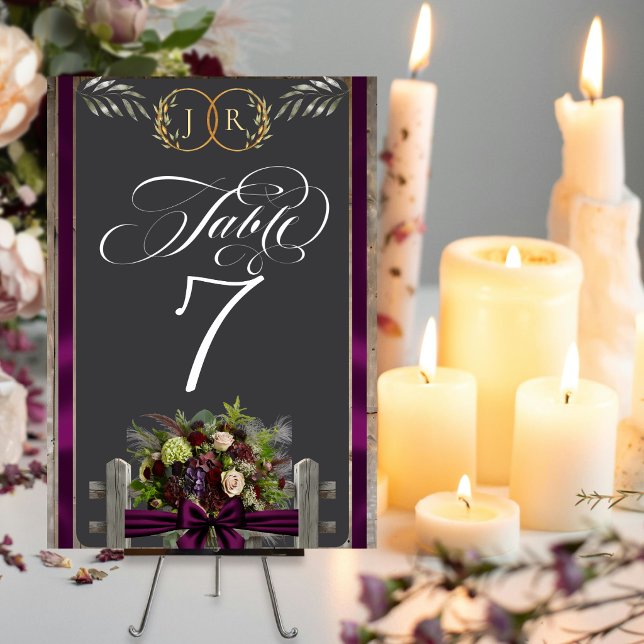 Numéro De Table Fleurs sauvages, Ruban & Monogramme - Prune (Créateur téléchargé)