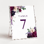 Numéro De Table Fleurs violettes luxuriantes | Mariage romantique<br><div class="desc">Des fleurs d'aquarelle dans les tons bordeaux,  lilas doux,  violet d'aubergine profonde et une paire d'orchidées rosâtre avec des plantes vertes modernes comme les fougères et l'eucalyptus dans ces cartes de numéro de table de saumons romantiques et élégantes.</div>