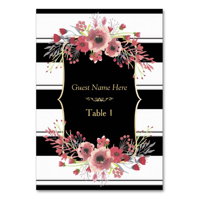 Numéro de table floral à rayures chic aquarelle (Par défaut)