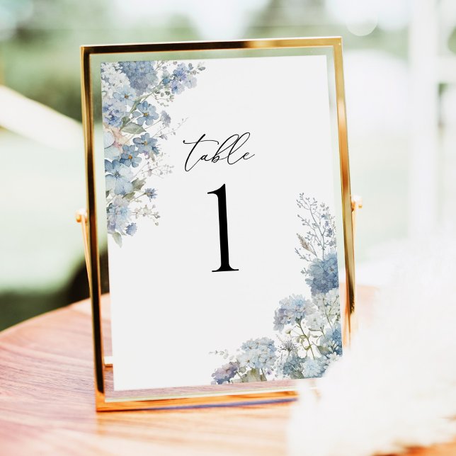 Numéro de table floral aquarelle bleu poussiéreux (Dusty blue floral watercolor table number sign for wedding reception, hydrangea design in gold frame)