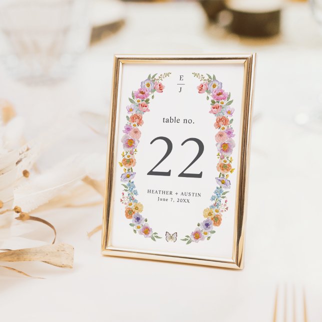 Numéro de table floral coloré (Colorful Floral Table Number Monogrammed by Painted Paperie
)