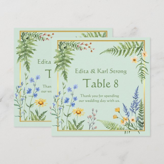 Numéro de table floral de fleurs sauvages vertes e (Devant / Derrière)