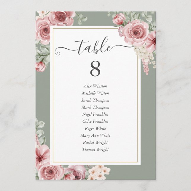 Numéro de table floral de roses vert sauge (Devant)