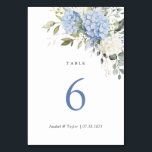 Numéro De Table Floral Elegant Blue Hydrangea Mariage de verdure<br><div class="desc">Carte Mariage Floral Elegant Blue Hydrangea Greenery. Romantique Blanc & Bleu Hydrangea Mariage Numéro de table. Carte de numéro de table Mariage Eucalyptus Green Moderne</div>