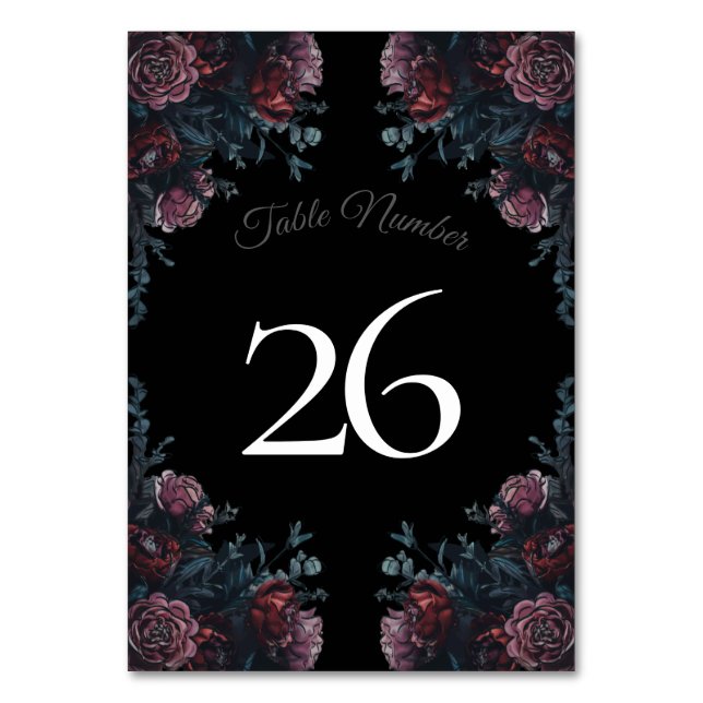 Numéro De Table Floral foncé Mariage gothique noir élégant (Dos)