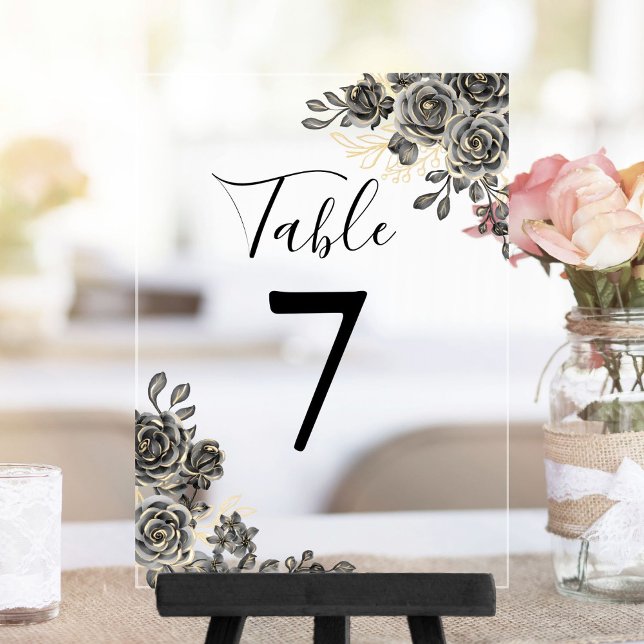 Numéro de table floral gothique noir et or (Black And Gold Gothic Floral Table Number)