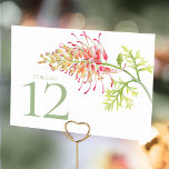 Numéro De Table Floral Grevillea Loopy Lou mariage artistique<br><div class="desc">Aquarelle botanique de Grevillea Loopy Lou une carte de table de mariage de fleurs hybride australienne dans les tons blanc, avec un vert sauge muet, et un tableau botanique avec du rose au corail à fleur jaune pâle. Aidez vos invités à trouver leur table avec cette belle oeuvre botanique directement...</div>