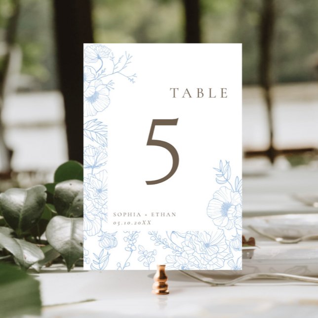 Numéro De Table Floral Line Art Mariage bleu français (Créateur téléchargé)