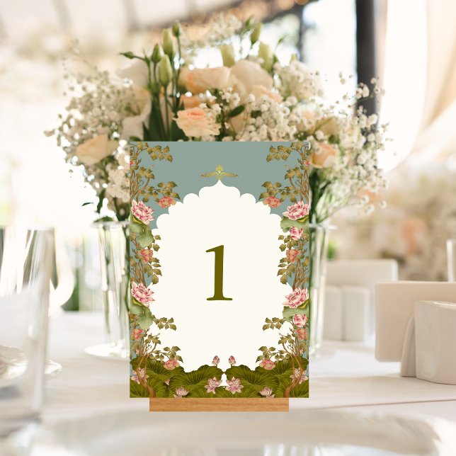 Numéro De Table Floral Lotus Oriental, Mariage indien (Indian Wedding Floral Teal Lotus Roses Table Number)