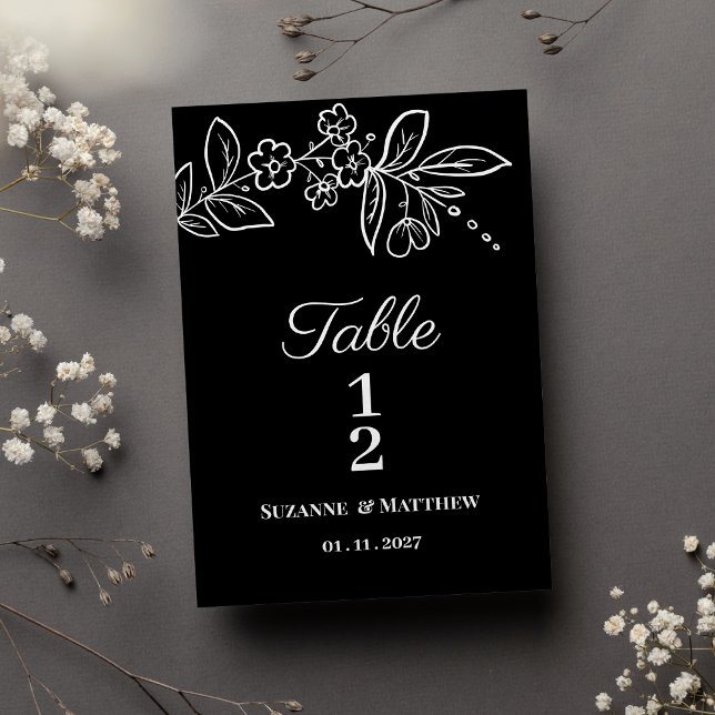 Numéro de table floral noir et blanc élégant simpl (Simple elegant black white floral Table Numbers)