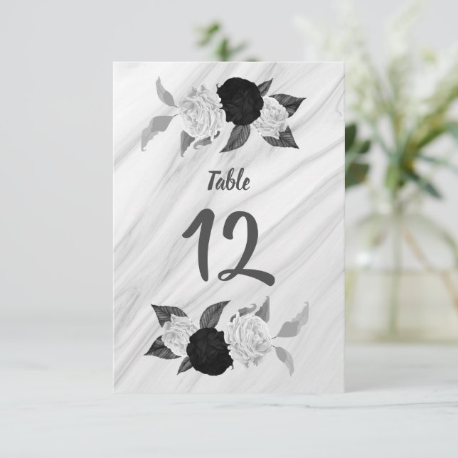 Numéro de table floral noir et blanc romantique (Debout devant)