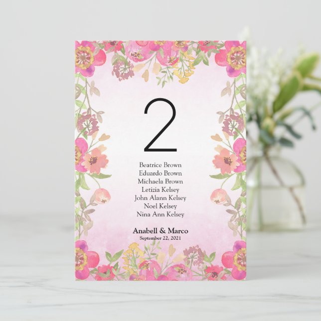 Numéro de table floral rose aquarelle 13x18 cm (Debout devant)
