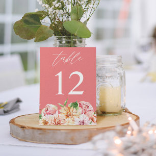 Numéro de table floral rose et pêche et feuillage