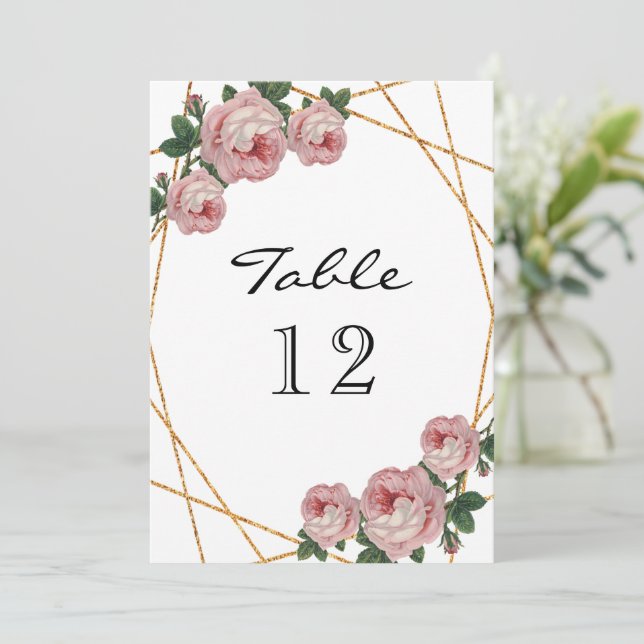 Numéro de table floral rose pailleté or élégant gé (Debout devant)