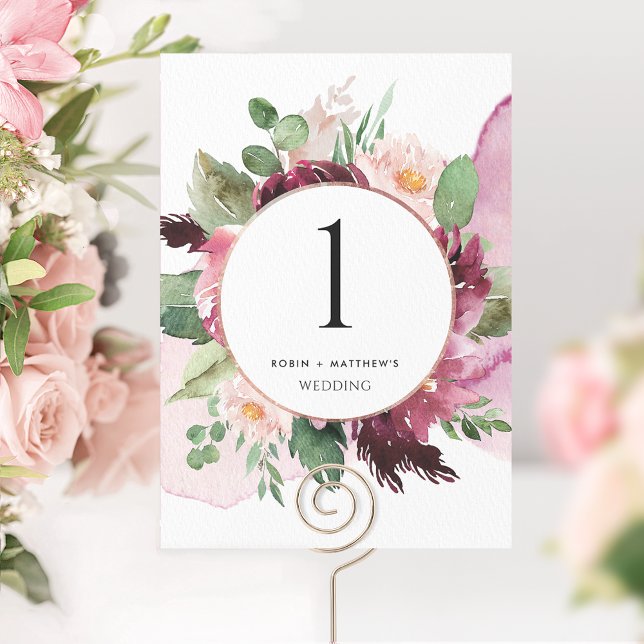 Numéro de table floral rose poudré bordeaux élégan (Créateur téléchargé)