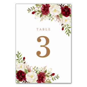 Numéro De Table Floral Rouge Bourgogne Blanc Élégant Vert Moderne