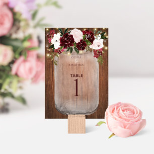 Numéro De Table Floral Rustique Bois Bourgogne Mason Jar Mariage