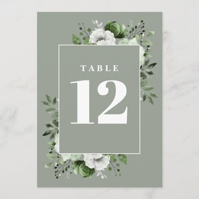Numéro de table floral rustique vert sauge (Devant)